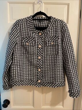 Adrianna Papell Black & White Tweed Blazer with Gold Buttons